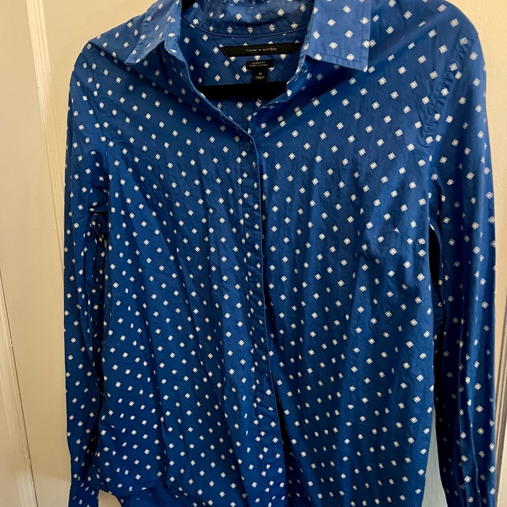 Tommy Hilfiger Blue Shirt with White Diamond Motif SZ M Y2K